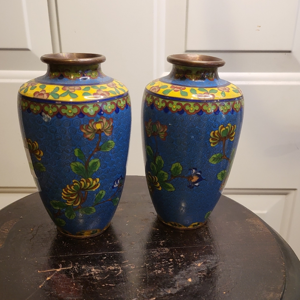 Vintage Copper Enamel Cloisonne Pair of Chinese Vases 6"